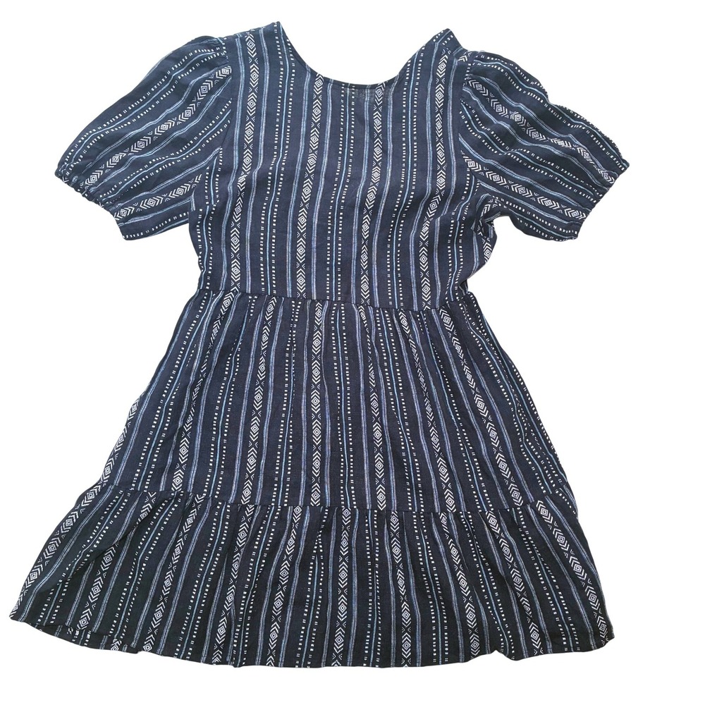 Nautical Linen Tiered Mini Dress Puff Sleeves Navy Blue Coastal Geometric Boho